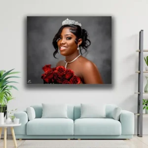 a modern living room with a pale blue sofa and decorative plants features a large wall portrait of a smiling woman wearing a tiara and holding red roses. a tall shelving unit with vases is on the right.