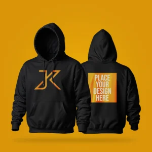 two black hoodies on a yellow background; the front hoodie has a bold, orange stylized jk logo, and the back hoodie displays a square orange frame with the text place your design here in white.